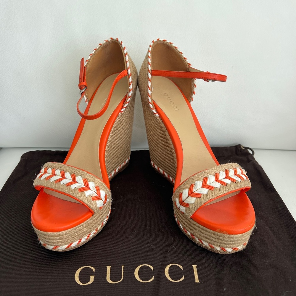 Gucci Women's Orange and Tan Wedge Sandals